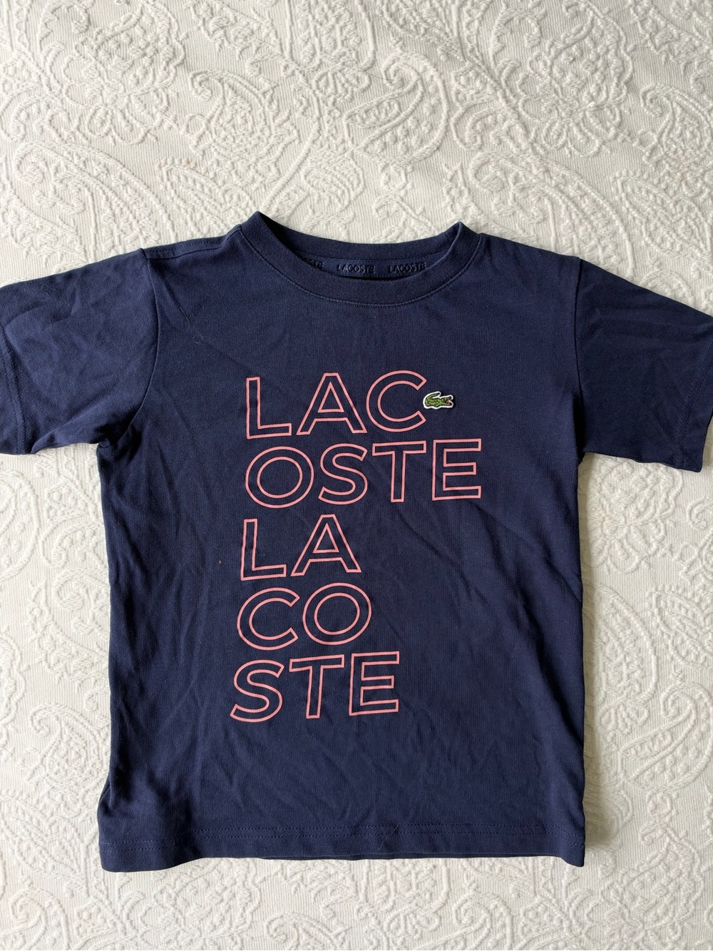 Lacoste Kids Navy Blue Tee with Pink Logo and Green Crocodile